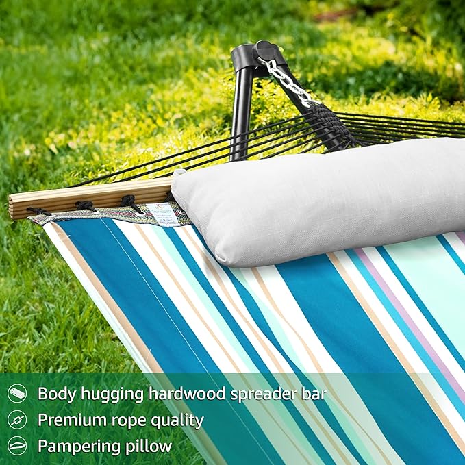 Tranquillo Unity Adjustable Hammock Stand, 800 lbs Capacity Steel Double Hammock Stand for 2 Persons, Premium Pre-Assembled Stand for Indoor Outdoor, Blue Leaf