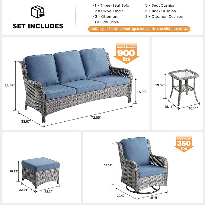 ovios 6 Pieces Patio Furniture Set, Outdoor Wicker Sofa Couch with Swivel Chairs Ottomans Comfy Cushions, All Weather High Back Modern Conversation Sets, Grey Rattan, Denim Blue