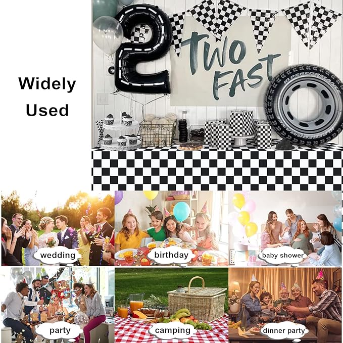 2 Pack Black and White Checkered Tablecloth, Plastic Table Cloths for Parties Disposable, 54 x 108 inch Waterproof Black Checkered Flag Table Cloth for Birthday, Party, School, Halloween