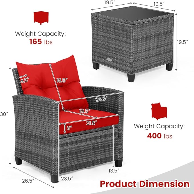 HAPPYGRILL 3 Pieces Patio Conversation Set, Outdoor Furniture Set PE Rattan Sofa Set with Removable Cushions, PE Wicker Chairs with Tempered Glass Side Table for Porch Lawn Garden Balcony Backyard