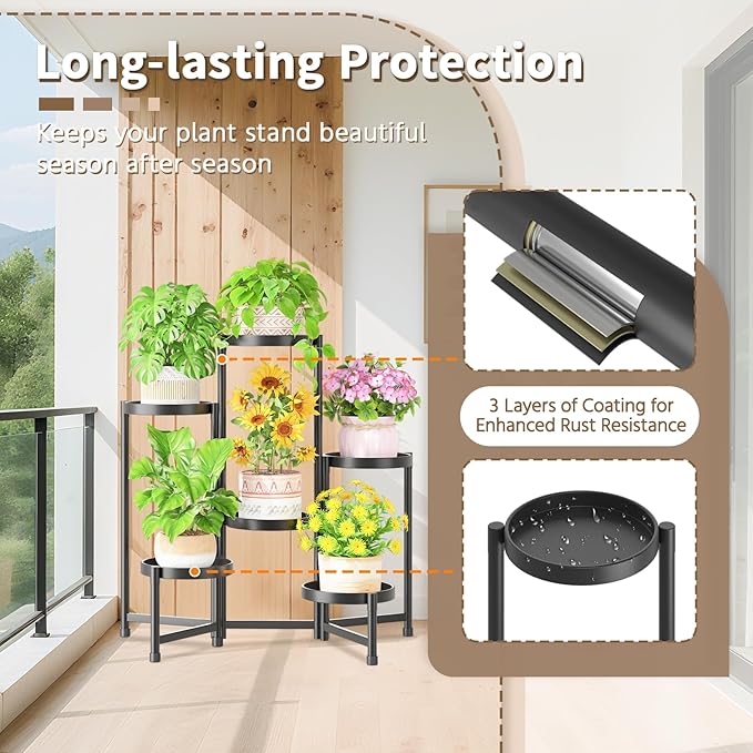 LASZOLA 6 Tiered Folding Plant Stand Indoor for Multiple Large Planter, Tall Heavy Duty Adjustable Rack with Rust Proof 10 Inch Wide Tray, Sturdy Vertical Tree Organizer for Narrow Inside Floor, Black