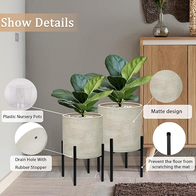 ARNIS Modern Plant Pots, Set of 2 Large Planters with Stand, Decorative Planters, Metal Pots with Drainage Holes for Living Room, Office, Garden or Balcony, 8.25 &10.5 Inch, Dirt