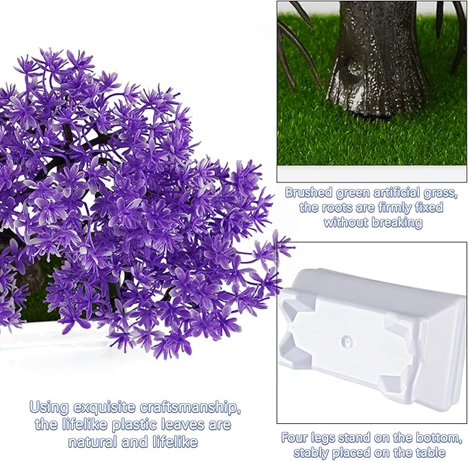 Mini Artificial Bonsai Tree Plants with Plastic Cement Pots for Home Office Décor (Purple)