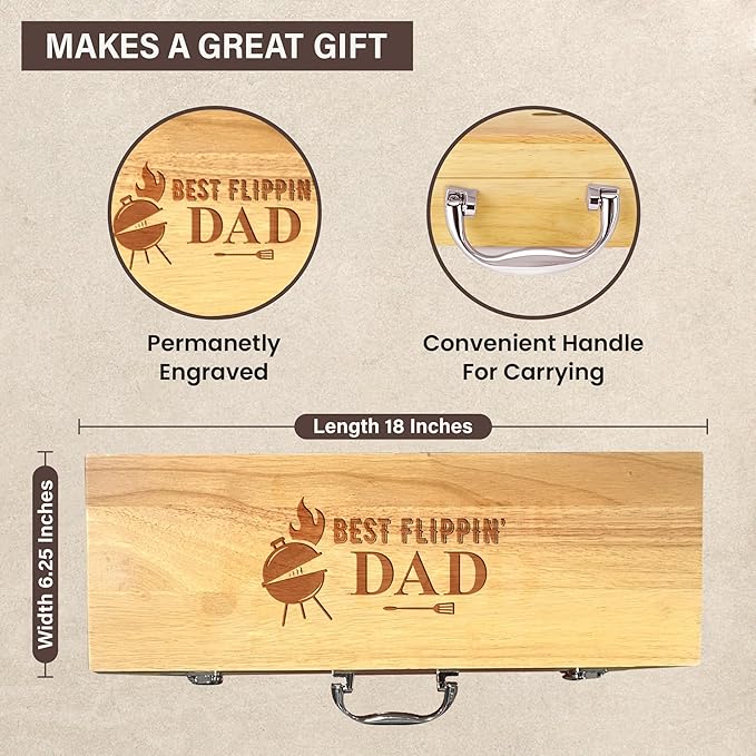 11-Piece BBQ Grilling Set with Engraved Maple Wood Box, Stainless Steel Tools with Wooden Handles, Ideal Gift for Dad on Birthday, Father’s Day - Best Flipping Dad