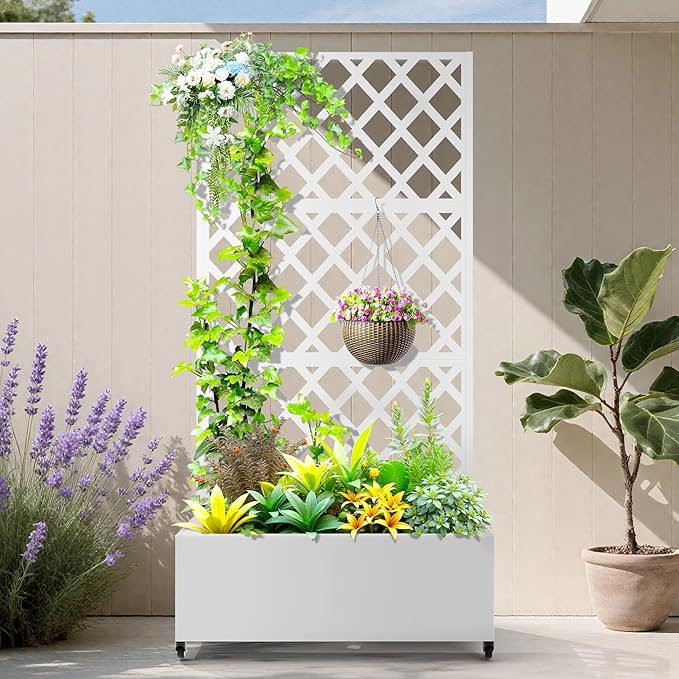 Metal Planter Box with Trellis, Planter Box with Privacy Screen, Privacy Trellis Outdoor for Climbing Plants with Drainage Holes, Raised Garden Bed with Wheels