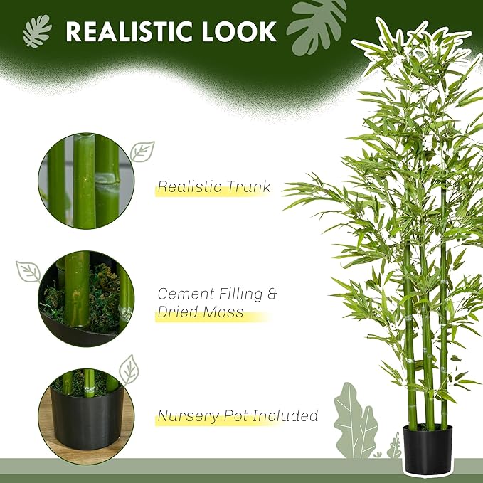 HOMCOM 5FT Artificial Bamboo Tree, Decorative Fake Plant in Nursery Pot for Indoor or Outdoor Decor, Green