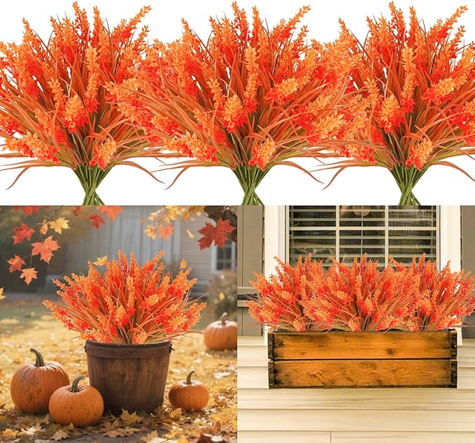 12 Bundles Artificial Fall Flowers for Outdoors Fake Fall Lavender Flowers UV Resistant Plastic Faux Fall Plants for Home Porch Autumn Fall Decorations (Orange)