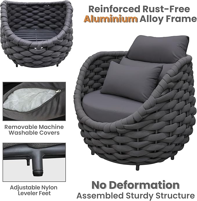 6 PCS Front Porch Accent Chair: Aluminum Woven Rope Armchair Assembled - Cushioned Patio Single Chair w/Arms Modern - All Weather Balcony Furniture for 400lbs Outdoor Yard Deck Hotel, Dark Gray