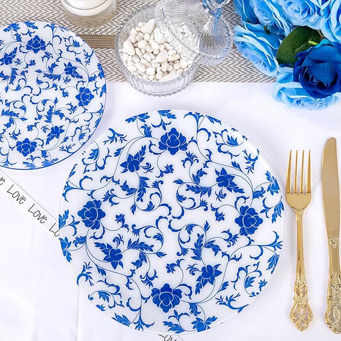 60 PCS Blue Plastic Plates - Blue Floral Plates - Disposable Decorative Plate Sets Include 30 Dinner & 30 Dessert Plate for Wedding Birthday Party Supplies