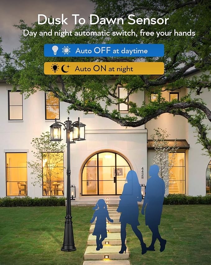 VIANIS Dusk to Dawn Lamp Posts Outdoor Lighting, Triple Head Street Light Pole Lamp for Outside, Waterproof Outdoor Post Light Fixtures Black with Tempered Ripple Glass for Garden Yard Patio Driveway