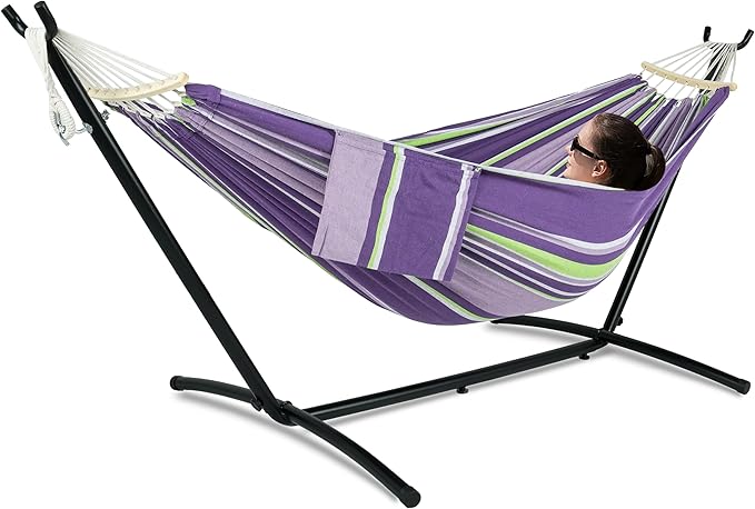 Double Hammock with Stand for Outside, Upgraded Spreader Bar, Heavy Duty Space Saving Steel Stand 2 Person, Side Pockets, Easy Assembly, 600lbs Weight Capacity (Tranquility Purple)