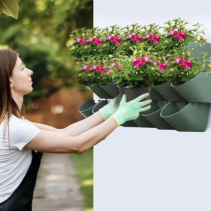 Worth Garden Upgraded 6 Sets (18 Pockets) Self Watering Stackable Vertical Planters - Wall Mounted Plastic Plant Grow Pots for Strawberries Flowers Herbs - Indoor Outdoor Green Wall Decoration (Green)