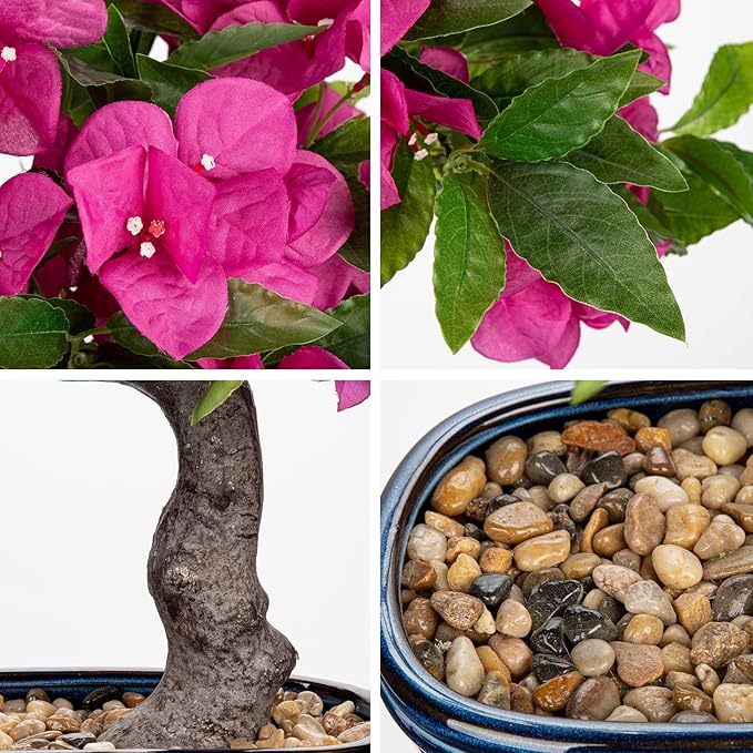 Briful Artificial Bougainvillea Bonsai Tree 18.5" Silk Bougainvillea Plant with Blue Pot Fake Bougainvillea Floral Tree for Home Office Room Desk Shelf Zen Décor(Hot Pink)