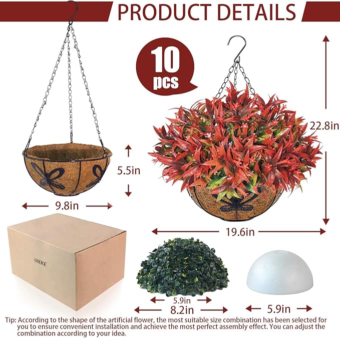 Uieke Artificial Hanging Flowers for Outdoors with Hanging Basket, 22.8" 10pcs UV Resistant Fall Faux Flowers, Fake Hanging Plants for Autumn Garden Porch Patio Balcony Decoration