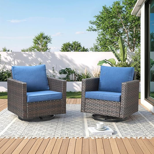 Wicker Swivel Rocker Patio Chairs-High Back Outdoor Swivel Chairs Set of 2 with Thickened Cushions Wide Armrest All Weather Patio Furniture Set for Deck Porch Balcony(Brown/Blue)
