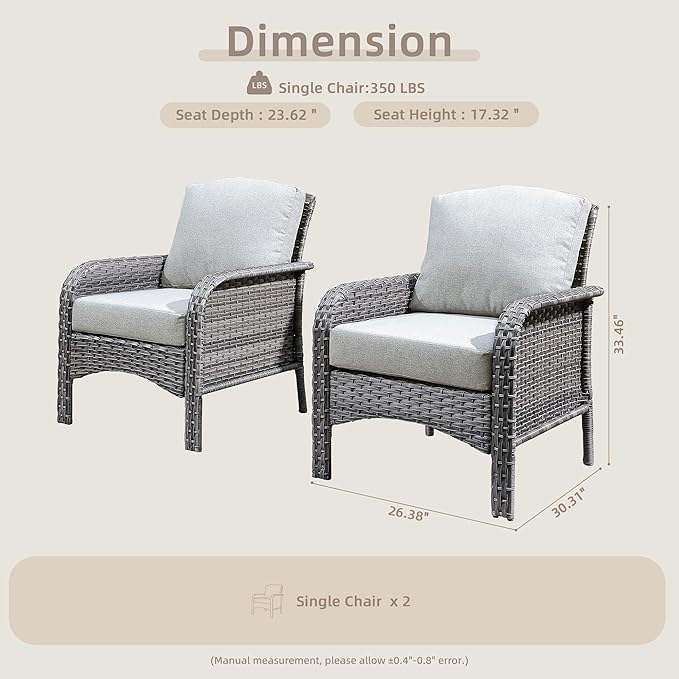 2 Pack Wicker Patio Furniture Chairs,Outdoor Rattan Chairs with Armrest Support 250 lb,Gray