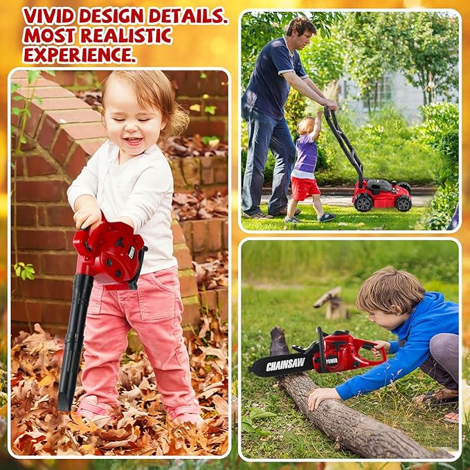 3 Pcs Toy Gardening Tool Set for Kids Toy Leaf Blower Chainsaw Push Lawn Mower Pretend Play Set with Lights and Sounds Birthday for Boys Girls