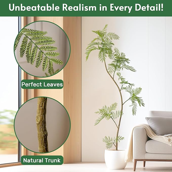 7.2FT Artificial Tree Fake Jacaranda Tree,Faux Tall Tree Lifelike Green Leaves Large Plants Indoor Fake Trees for Home Decor