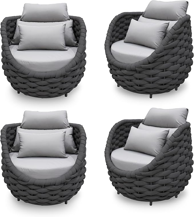 4 PCS Patio Rope Armchair: Aluminum Woven Accent Chair - Cushioned Lounge Chair with Arms - Modern Garden Chair Assembled - All Weather 400lbs Outdoor Seating Porch Furniture Deck Balcony Hotel