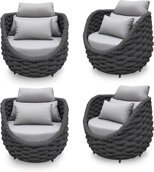 4 PCS Patio Rope Armchair: Aluminum Woven Accent Chair - Cushioned Lounge Chair with Arms - Modern Garden Chair Assembled - All Weather 400lbs Outdoor Seating Porch Furniture Deck Balcony Hotel