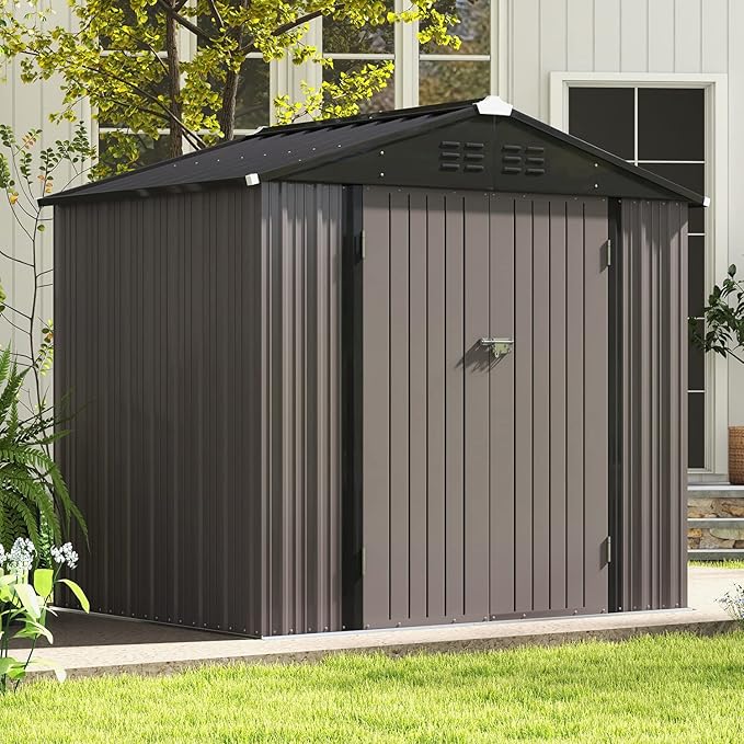 Patiowell 8x6 FT Outdoor Storage Shed, Metal Tool shed & Outdoor Storage with Lockable Doors & Air Vents, for Backyard Garden Patio, Brown