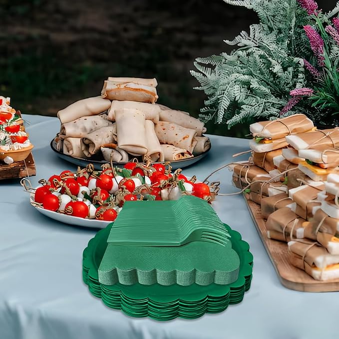 Dark Green Paper Plates and Napkins,7 Inch Dark Green Scalloped Disposable Dessert Plates Paper Napkin Fork Party Supplies for Wedding Baby Shower Birthday(25 Guest)