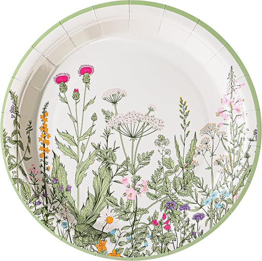 Wildflower Party Plates 7" Floral Paper Plates Spring Summer Botanical Green Leaves Herbs Vintage Garden Disposable Decorative Dessert Plates (24, Vintage Floral)
