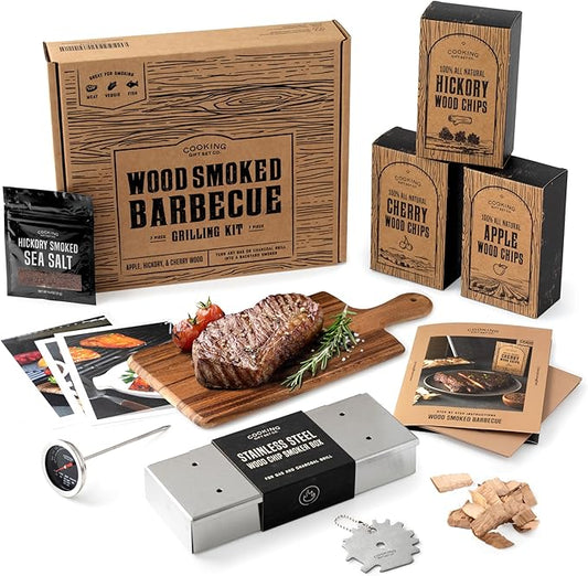 Deluxe Smoker Box for Gas Grilling - Complete BBQ Smoker Box Kit with Wood Chips, Stainless Steel Smoke Box for Gas Grill & Charcoal, Thermometer, Scraper & Recipes - Smoker Accessories Gifts for Men