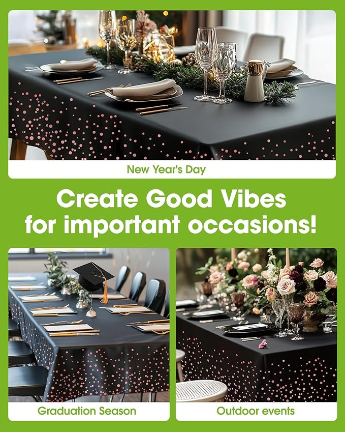 Pureegg Plastic Table Cloth Disposable 8 Pack, 54 x 108 Inch Table Cloths, Graduation Decorations of 2025, Graduation Tablecloths, Rectangle, Plastic Cover, Leakproof & Sturdy, Black and Rose Gold