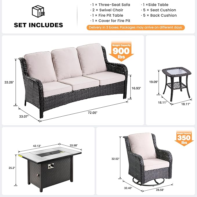 ovios 5 Pieces Patio Furniture Set, Outdoor Wicker Sofa Couch with Swivel Chairs 42" Fire Pit Table, All Weather High Back Modern Conversation Sets, Brown Rattan, Beige