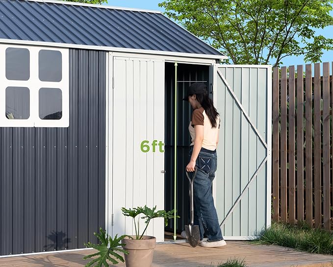 VanAcc 8x6x7.5 FT Shed 4-pane Window Nordic Cottage Storage Shed Outdoor Metal Garden House Double Hinged Lockable Doors for Backyard Garden Patio Lawn Dark Grey/White