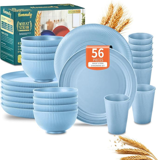 Wheat Straw Dinnerware Sets,56-Piece Plates and Bowls Sets for 8-Unbreakable,Reusable Plastic Dish Set-Dinner Plate/Cereal Bowl/Cup/Utensils-Microwavable Dishwasher Safe 56P-Blue