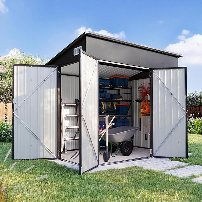 Aoxun 7.5'x4' Triple Door Shed Outdoor Storage Shed with Three Lockable Door for Easily Accessing Metal Storage Cabinet with Slopping Roof for Tools Bicycles Storage for Garden, Backyards (Black)