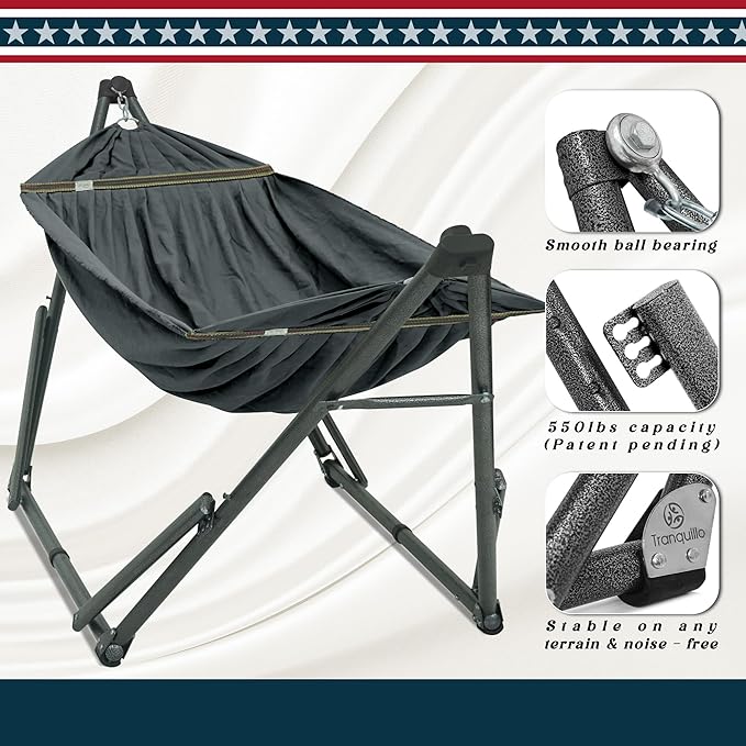 Tranquillo Uniki Collapsible Hammock with Stand, 550 lbs Capacity, No-Screw Instant Setup, Foldable and Portable, Perfect for Garden and Camping, Includes Premium Carry Bag, Grey