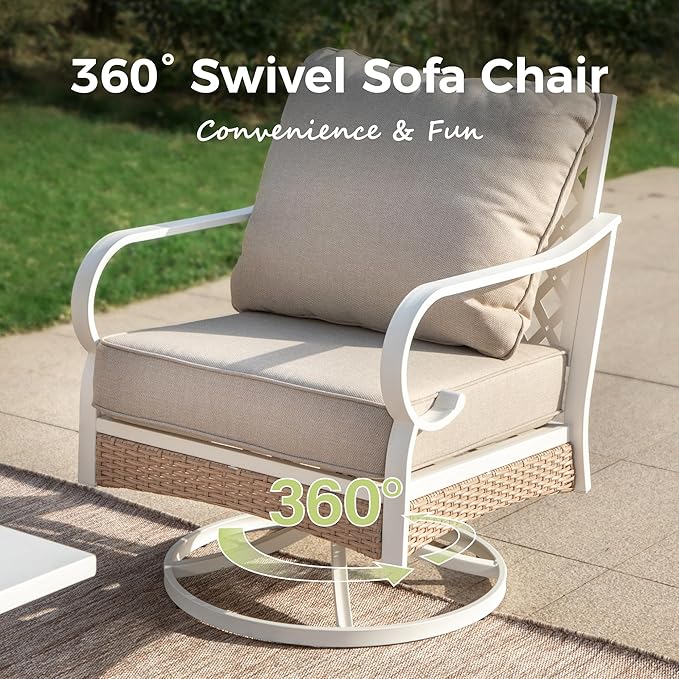 4 Piece Patio Furniture Set, 2 x Swivel Chair, 1 x 3-Seat Sofa with Marbling Coffee Table, All Cushioned 5 Seats Outdoor Conversation Set for Lawn Garden Backyard, Beige