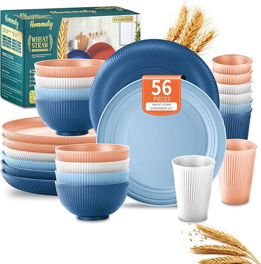 Hommaly Wheat Straw Dinnerware Sets,56-Piece Plates and Bowls Sets for 8-Unbreakable,Reusable Plastic Dish Set-Dinner Plate/Cereal Bowl/Cup/Utensils-Microwave Dishwasher Safe 56P-Oecan Coral