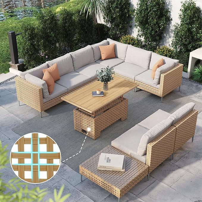 Grand patio 10-Piece Wicker Patio Furniture Set with Lift Top Coffee Storage Table, Outdoor Conversation Set Sectional Sofa with Water Resistant Thick Cushions, Cream