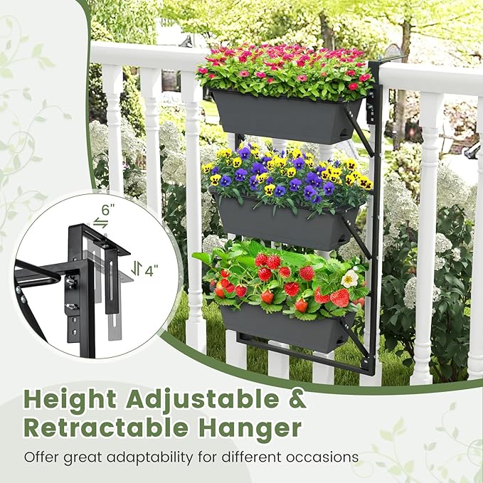 Giantex Vertical Raised Garden Bed, Hanging & Wall-Mounted Planter Garden Boxes, Adjustable Shelf & Detachable Hooks, 3-Tier Railing Raised Beds for Flower Strawberry Vegetable