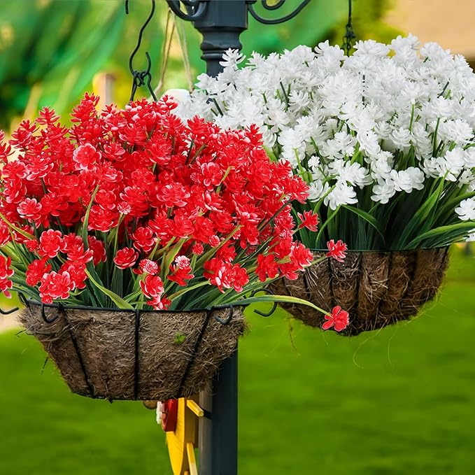 Artificial Flowers Outdoor UV Resistant Fake Plants Indoor Outside Hanging Planter Home Garden Decor, 16 Bundles (Red-Daffodil)