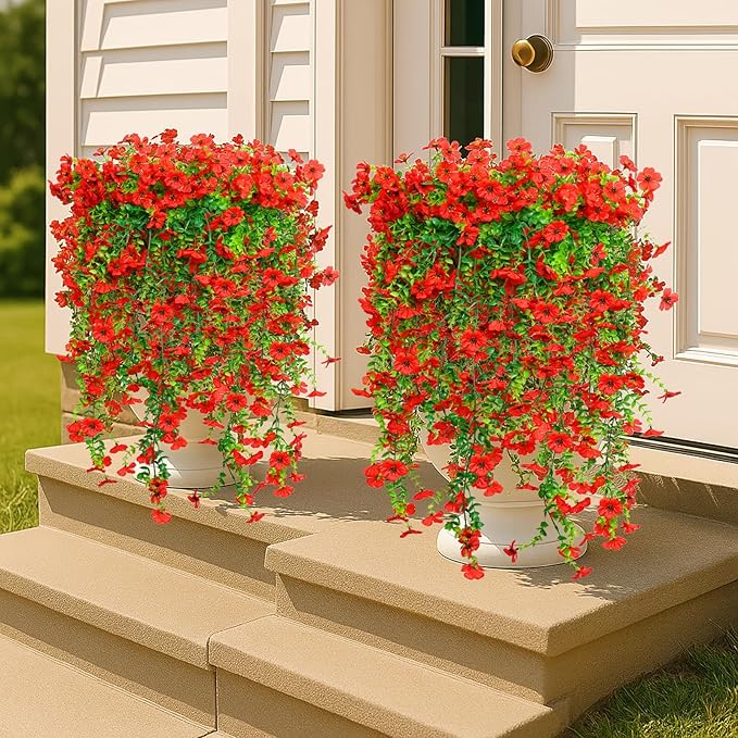 8PCS Artificial Flowers for Outdoors,Hanging Outdoor Faux Plants,UV Resistant Fake Flowers for Outdoor Planters,Realistic Fake Plants Spring Decor for Porch,Patio,Yard (Red)