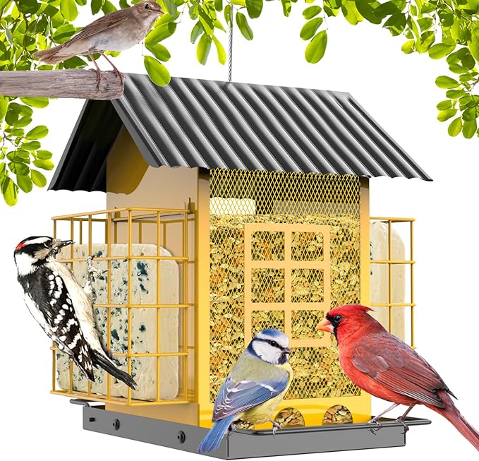 Bird Feeders for Outdoors Hanging, Metal Bird Feeder with Double Suet Cage Cake, Large Capacity, Birdfeeders Sturdy & Weatherproof, Easy to Clean & Refill, Great for Attracting Wild Birds