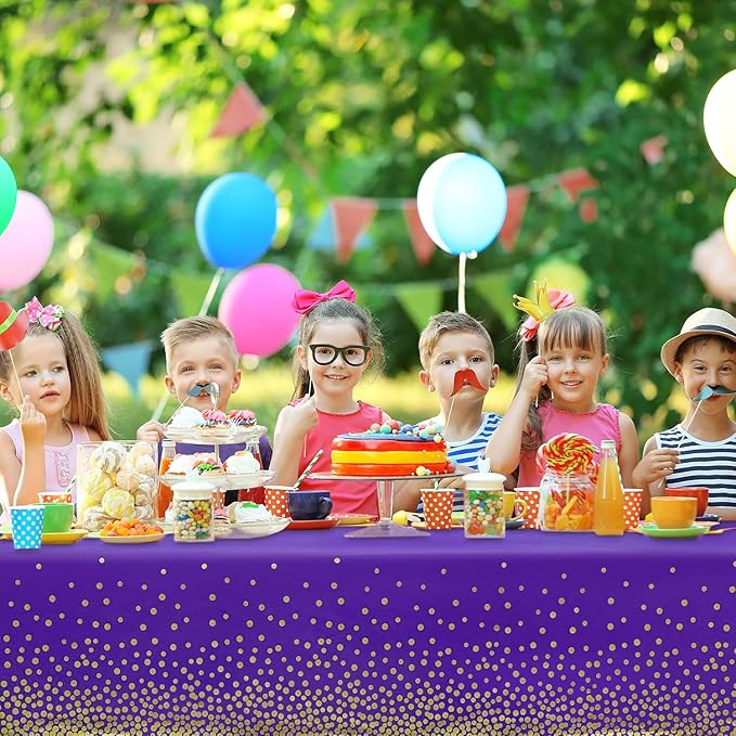 3 Pack Purple and Gold Dot Tablecloth, Purple Plastic Table Cloths for Parties Disposable, 54 x 108 inch Waterproof Rectangular Purple Camping Tablecloth for Birthday Party Graduation Picnic