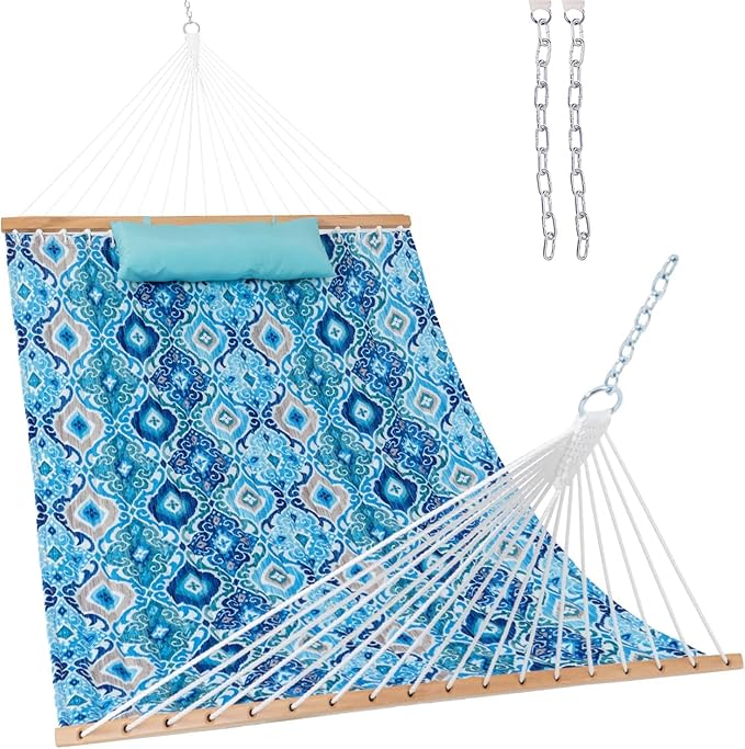 Lazy Daze Hammocks 12FT Quilted Fabric Hammock with Soft Pillow, Double 2 Person Tree Hammock with Spreader Bar for Outdoor Outside Patio Garden Yard Pool Beach, 450lbs Capacity, QFH037