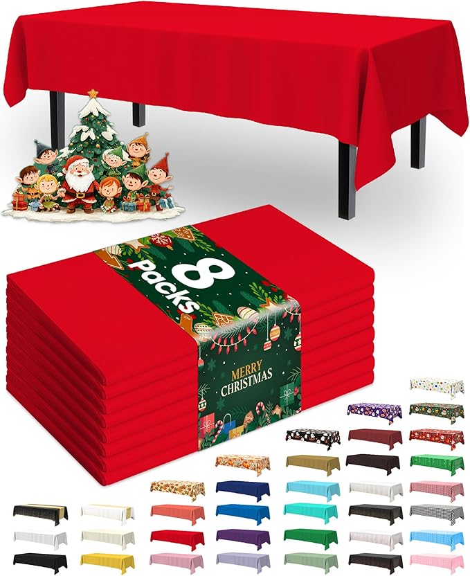Pureegg Plastic Table Cloth Disposable 8 Pack, 54 x 108 Inch Table Cloths, Valentines Day, Thanksgiving, Christmas Decorations, Fall Tablecloths, Rectangle, Plastic Cover, Leakproof & Sturdy, Red