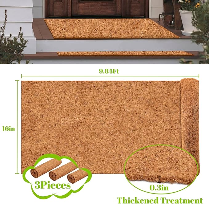 Riare 3 Pack 16 × 118 Inch No-Slip Ice and Snow Carpet Mats- Natural Coconut Fiber Carpet Anti-Slip Coir Mat for Winter Walkways Front Door Stairs Porch Outdoor Garden Patio Safe &Stable Walking