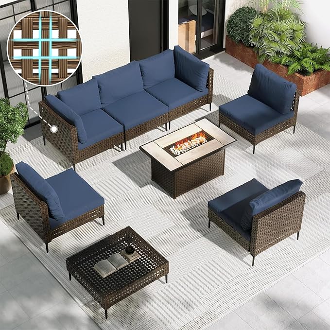 Grand patio 8-Piece Patio Furniture Set with 47" Fire Pit Table, Outdoor Conversation Set & 50,000 BTU 47 Inch Rectangle Propane Fire Pit with Water Resistant Blue Thick Cushions, Brown