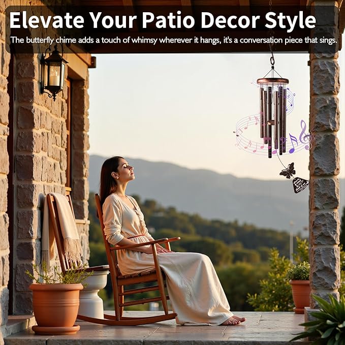 Wind Chimes for Outside with Butterfly Wind Catcher, 33" Memorial Metal Wind Chime Suitable for Patio, Garden Hanging Decorations, Deep Tone Soothing, Perfect Christmas Birthday Gifts for Women