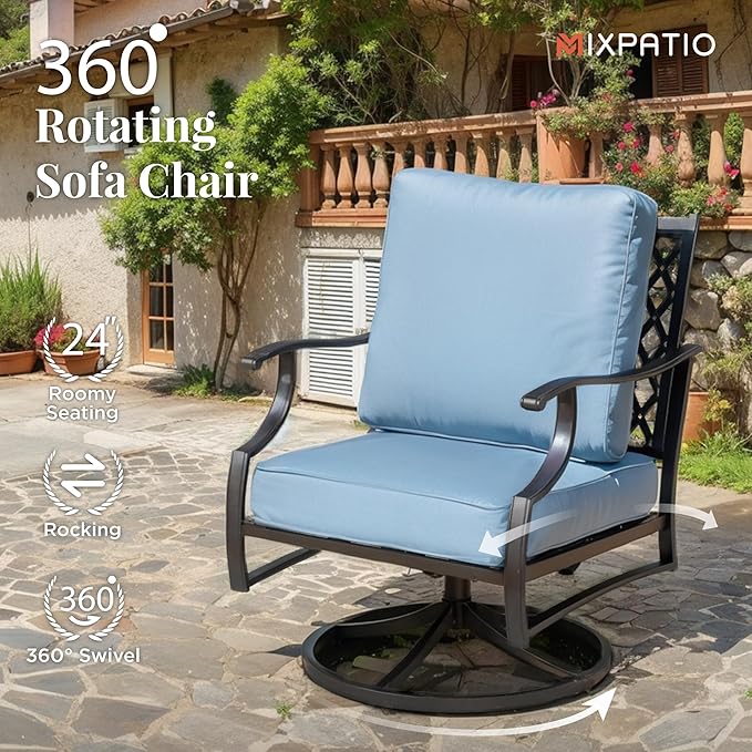 Patio Furniture Set 4 pcs, Metal Outdoor Patio Furniture, 3-Seat Sofa, 2 Swivel Chairs, Coffee Table and 5.75" Extra Thick Cushion, Patio Conversation Set for Garden Backyard Deck,Blue