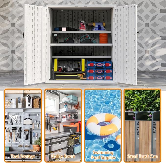 Outdoor Storage Cabinet with 2 Shelves, Waterproof Resin Vertical Tool Shed, Lockable 15 cu. ft. Storage Shed for Patio, Garden, Yard, Dark White