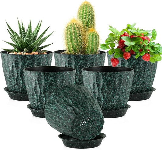 5 inch Plant Pots for Indoor Outdoor Plants, 6 Pack Thick Nursery Pots with Drainage Holes and Saucers, 3D Modern Wave Texture Small Plastic Planter Flower Pots, Black with Green Speckles